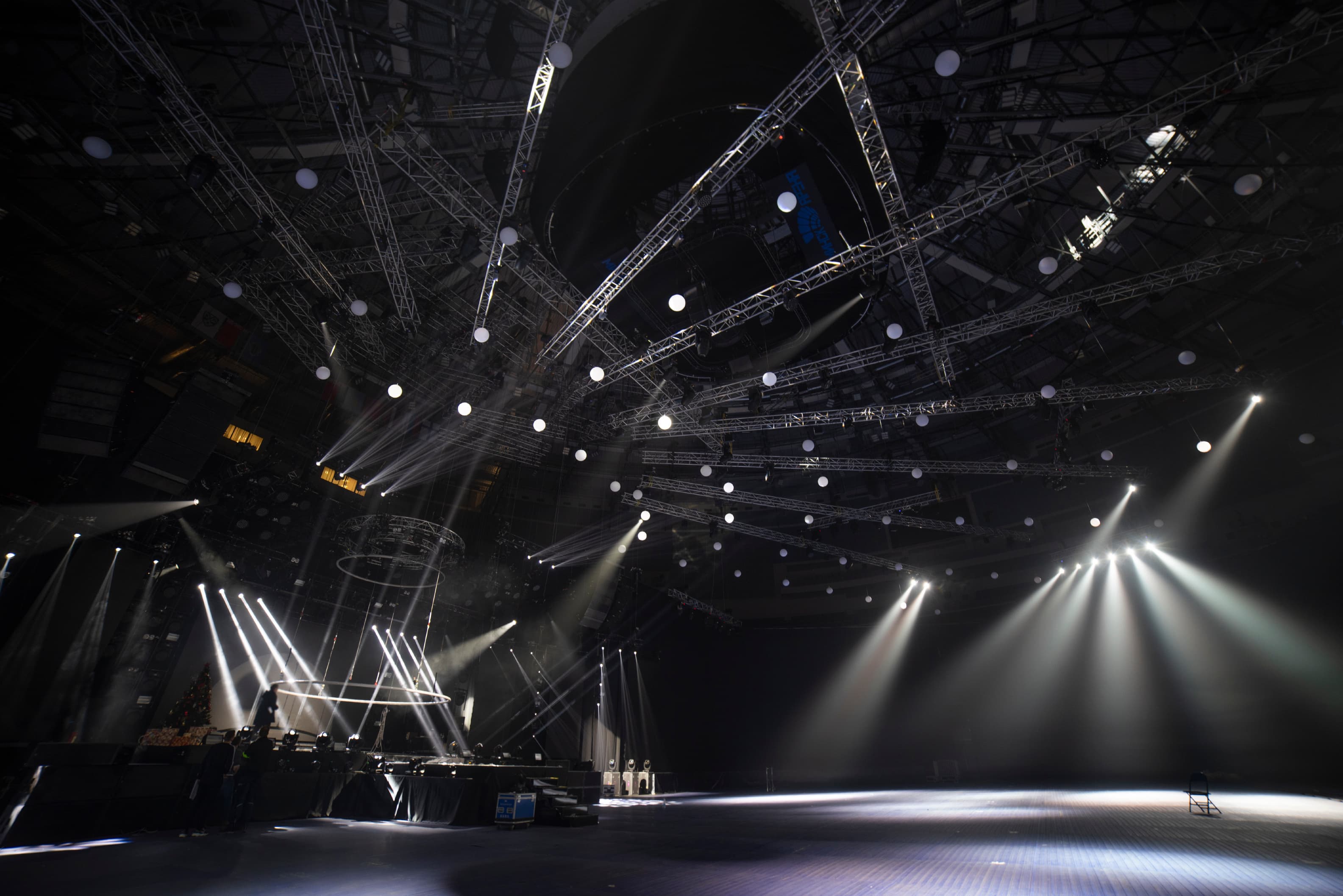 Stage lit by spotlights